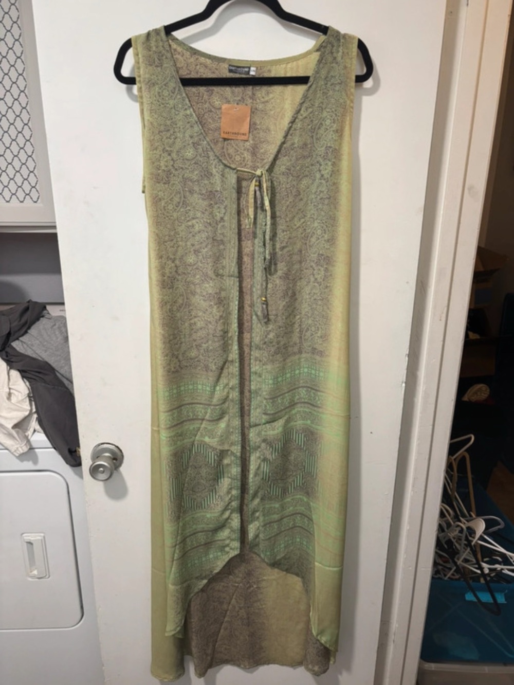NWT Earthbound Trading Green Paisley Hippie Boho Fairy Satin Tunic Cover Up L XL